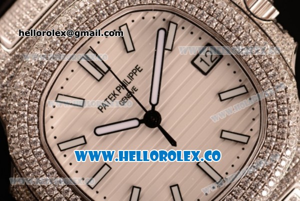 Patek Philippe Nautilus Miyota 9015 Automatic Steel Case Diamond Bezel with White Dial and Black Leather Strap - Click Image to Close